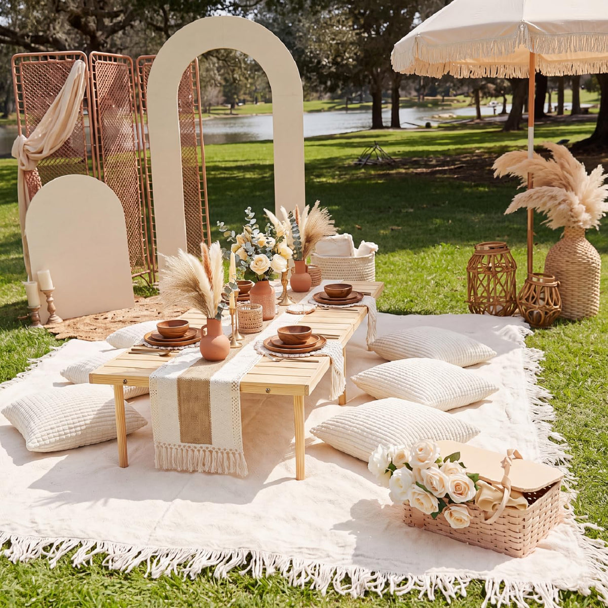 Beeveer 8 Pcs Cream White Picnic Kit, 91x71'' Extra Large Outdoor Boho Picnic Blanket, Low Table Runner, 6 Throw Pillow Cover, Woven Cotton Yarn Oversize Washable Beach Blanket for Camp Wedding Garden