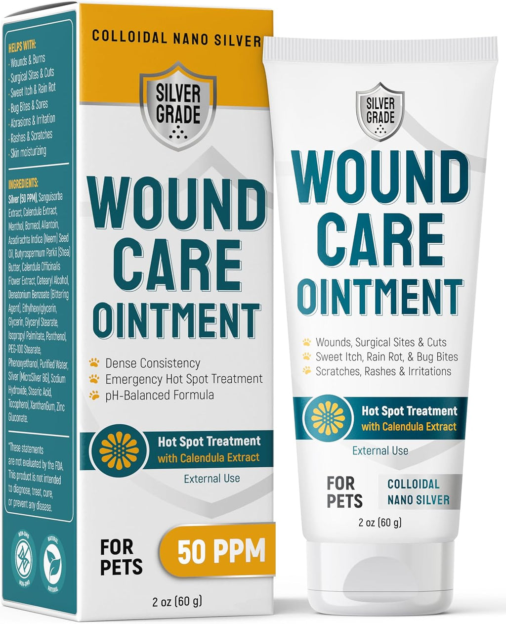 SILVER GRADE Dog Wound Care Ointment with Silver & Calendula for Scratches, Irritations, Bites – Feline & Canine Hot Spots Treatment in a Gel Form – Wound Antibiotic Ointment for Dogs & Cats – 2 Oz
