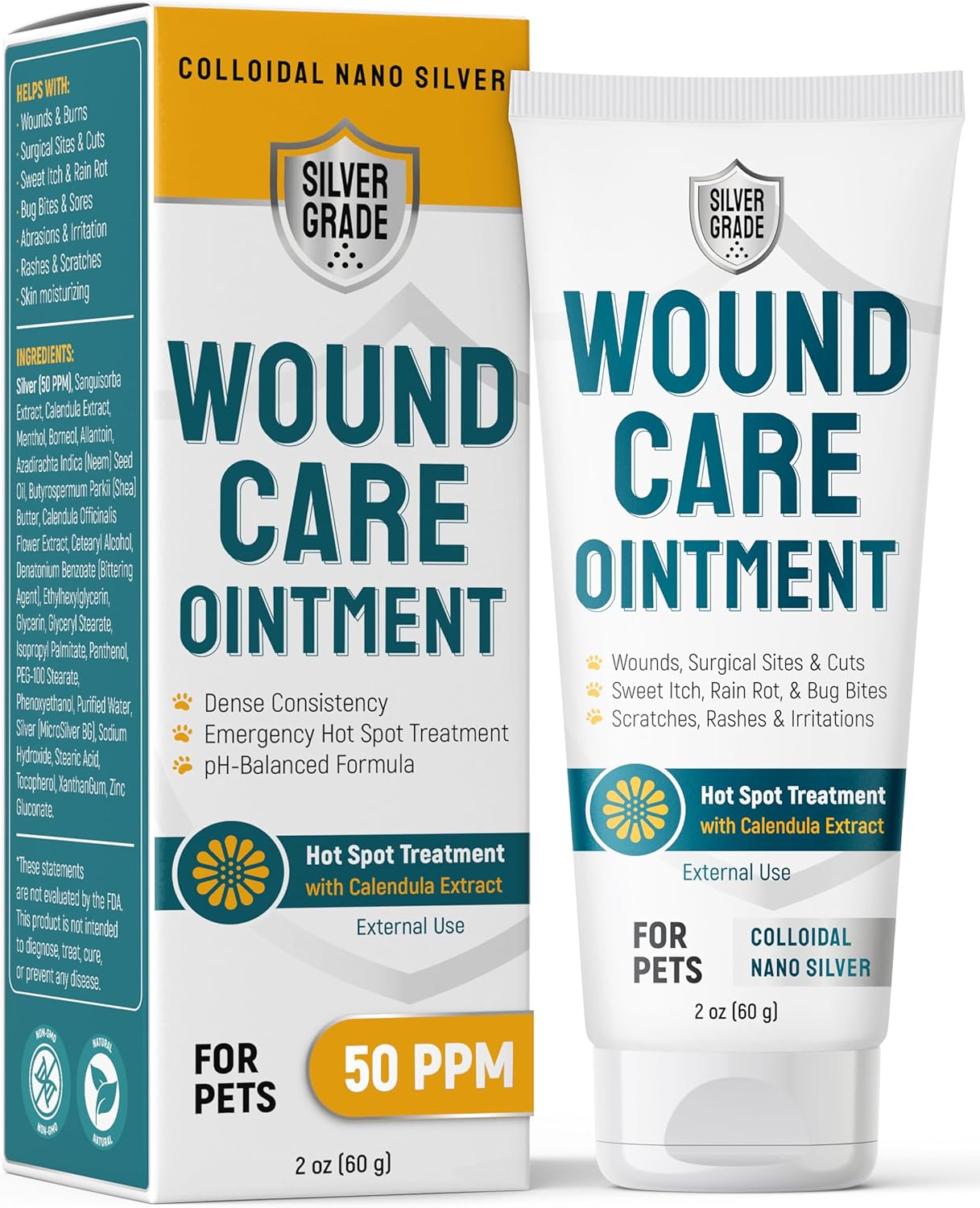 SILVER GRADE Dog Wound Care Ointment with Silver & Calendula for Scratches, Irritations, Bites – Feline & Canine Hot Spots Treatment in a Gel Form – Wound Antibiotic Ointment for Dogs & Cats – 2 Oz