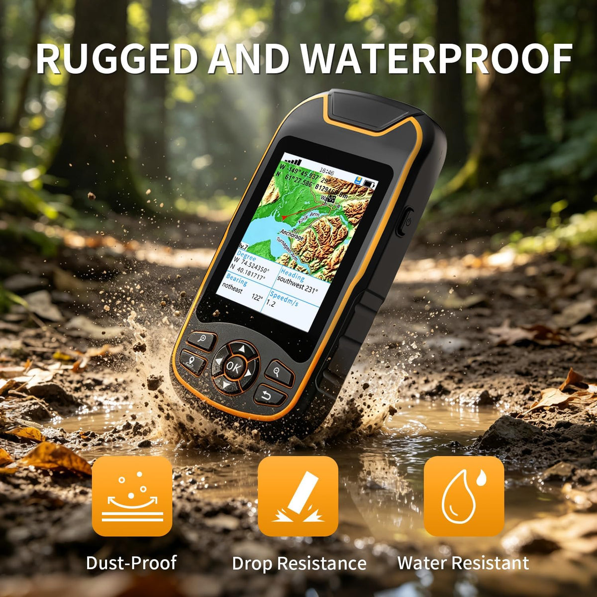 Handheld GPS for Hiking, Rugged and Waterproof Handheld GPS Navigator, 3.2" Sunlight Readable Screen, Compact Satellite Handheld GPS with USA Topo Map, Multi-GNSS Support, Extra Battery Life
