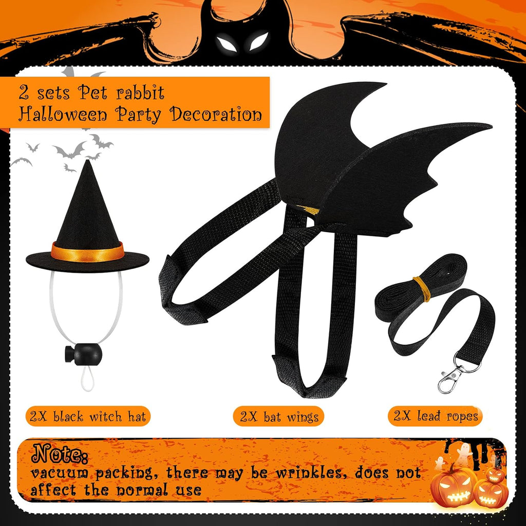 Halloween 2 Sets Pet Costume Bat Wings Harness Leash Bat Wing Witch Hats Pulling Rope for Small Animals Guinea Pig Rabbits Puppies and Small Cats