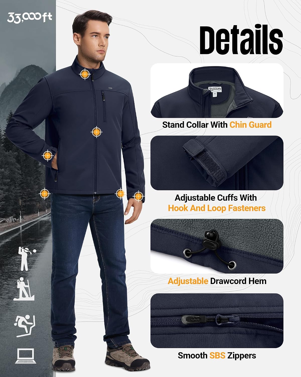 33,000ft Men's Waterproof Softshell Jacket Fleece Lightweight Windbreaker