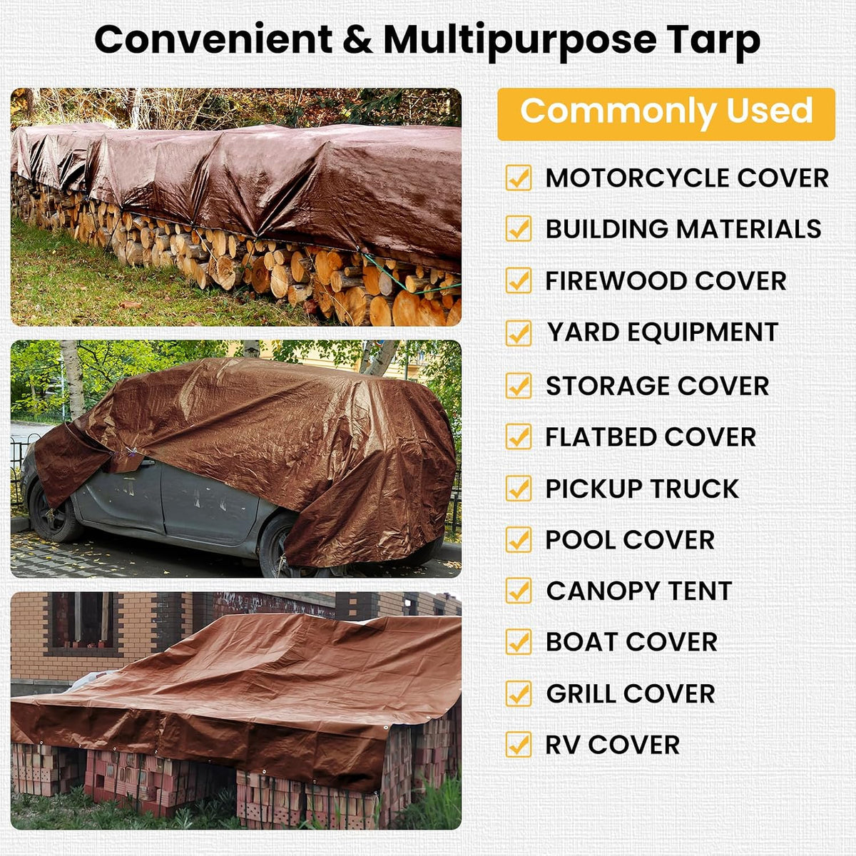 Winpull Tarp 8x10FT, 16 Mil Heavy Duty Waterproof Tarp, Large Multipurpose Cover with Brass Grommets and Reinforced Edges, UV Resistant Thick Poly Tarps for Outdoor Camping Tent Pool Car Tent