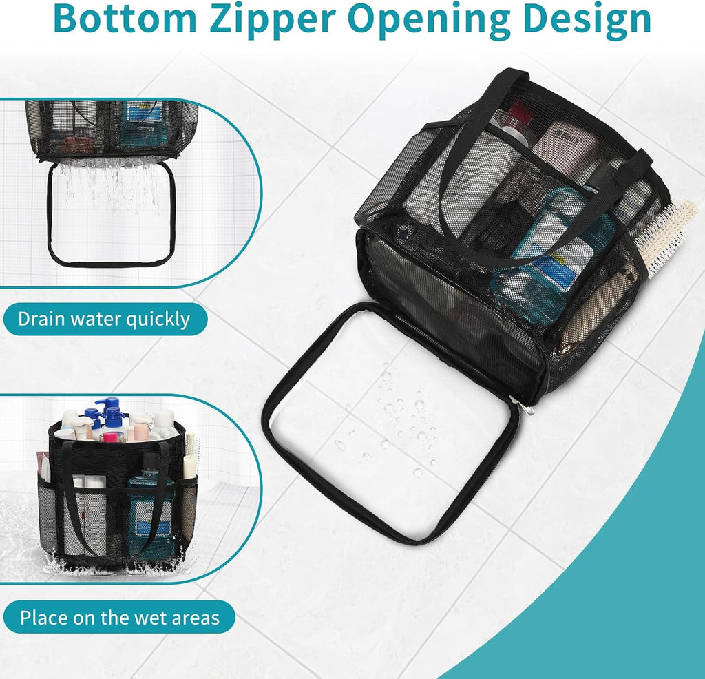 Mesh Shower Caddy Portable for College Dorm Room Essentials, Hanging Shower Caddy with Waterproof Phone Pouch, Large Capacity Shower Bag Basket Tote for Bathroom, Gym, Camping, Swimming, Beach, Black