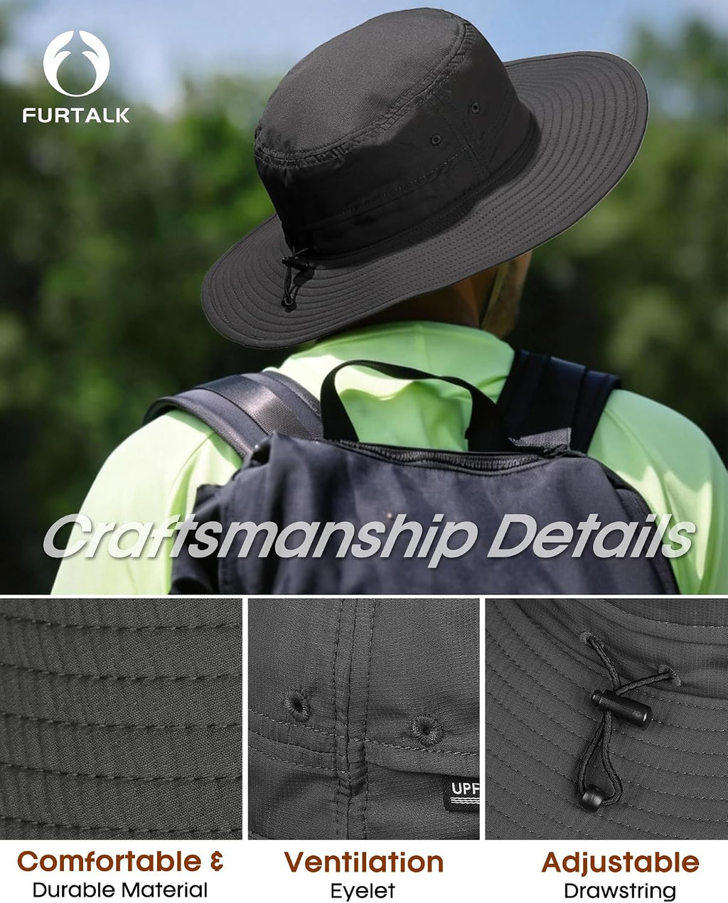 FURTALK Sun Hats for Men Women Packable Wide Brim Summer UV Protective Bucket Hat UPF 50+ Hat for Fishing Hiking
