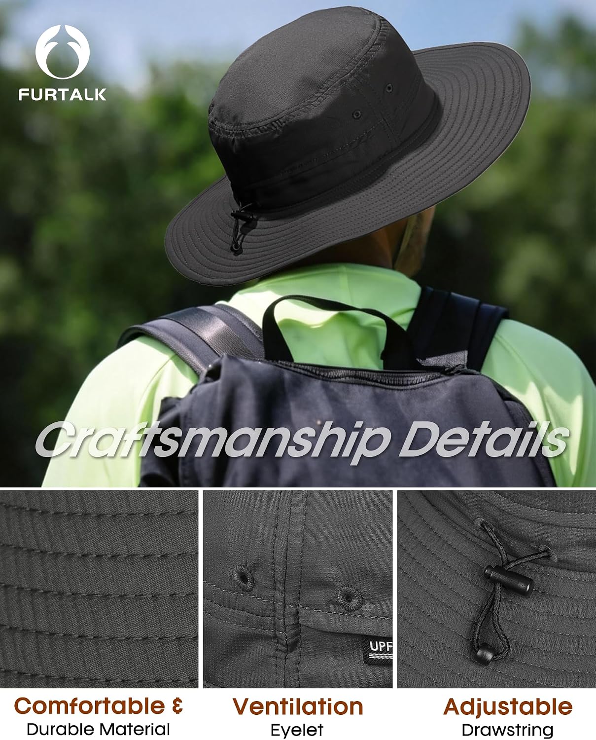 FURTALK Sun Hats for Men Women Packable Wide Brim Summer UV Protective Bucket Hat UPF 50+ Hat for Fishing Hiking