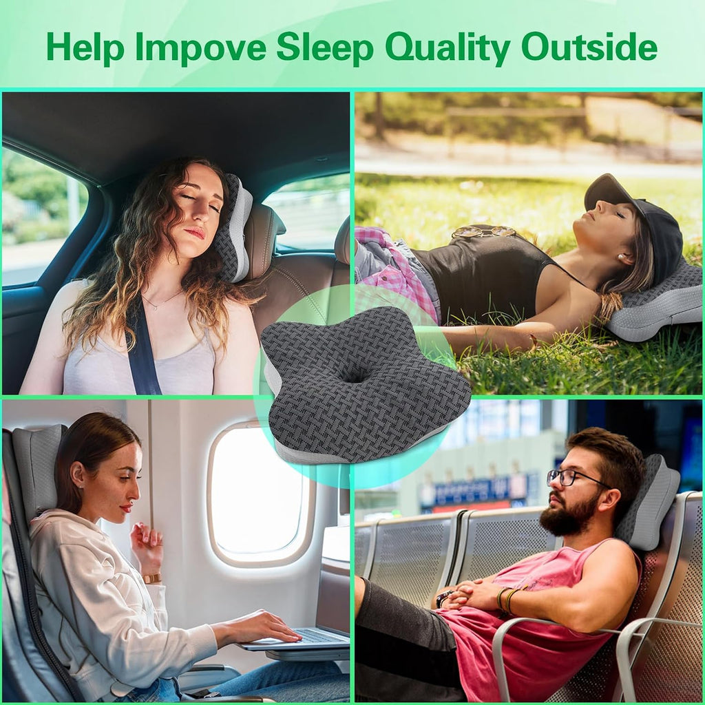 SAHEYER Travel Pillow for Sleeping, Ergonomic Cervical Neck Support Pillows, Lightweight Memory Foam Travel Pillow for Camping, Backpacking, Hammock - with Travel Storage Bag and Cooling Cover, Black