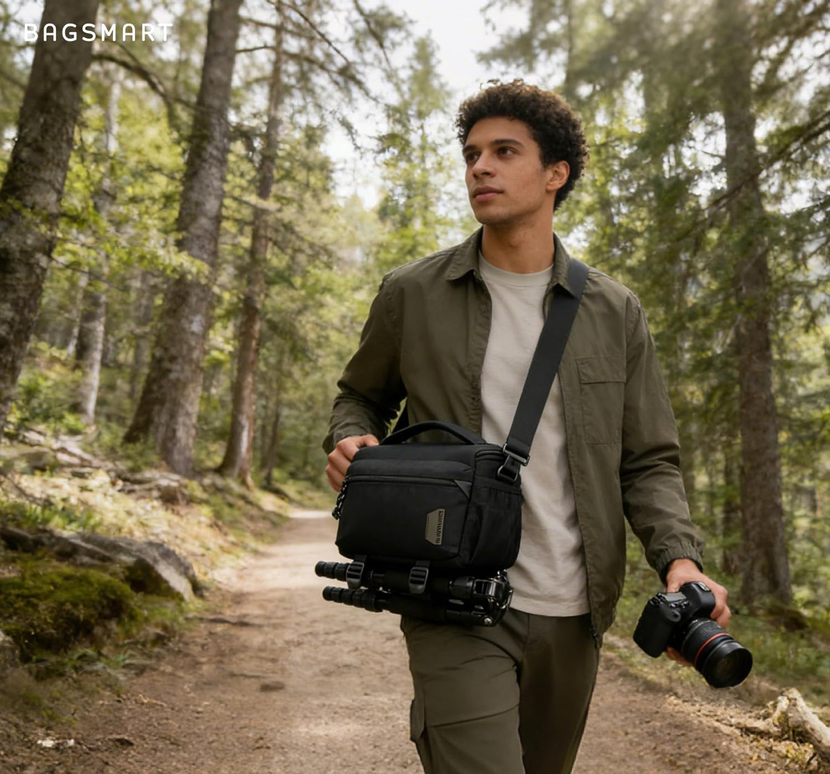 BAGSMART Camera Sling Bag with Tripod Holder & Rain Cover, Black