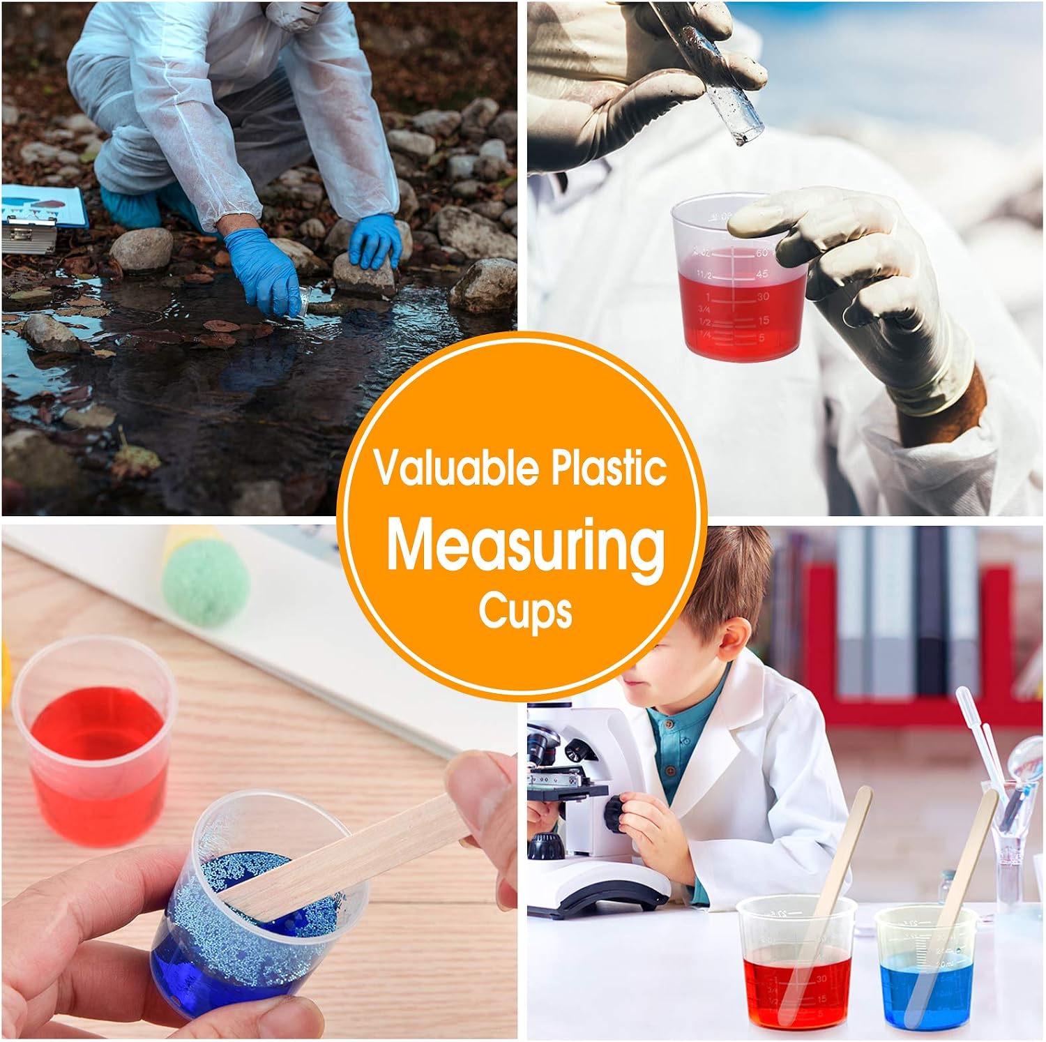 Coopay 100 Pack 60ml/2oz Plastic Graduated Cups Transparent Scale Cups Clear Epoxy Mixing Cylinder with 100 Pack Wooden Stirring Sticks for Resin, Epoxy, Stain, Mixing Paint