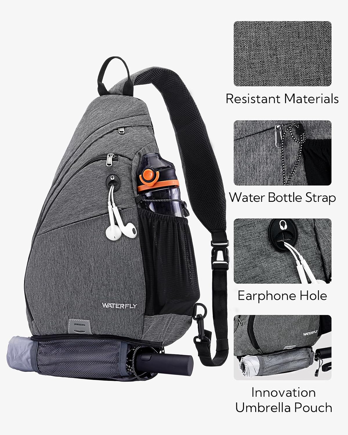 WATERFLY Large Sling Bag Crossbody Backpack Chest Pack for Men Women