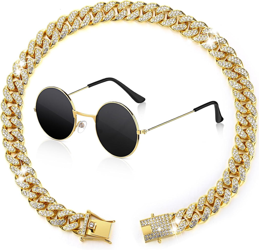 Xuniea 2 Pieces Cat Dog Chain Collar and Sunglasses Set Rhinestone Necklace with Secure Buckle Round Glasses for Doll Cat Dog Pet Accessories(10 Inch,Gold, Black)