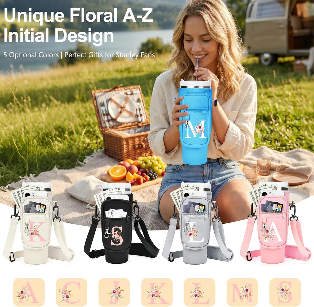 Initial Water Bottle Holder with Strap for Stanley Cup Accessories 40 oz/Simple Modern Tumbler, Birthdays for Women Girls, Water Bottle Carrier Bag with Phone Pocket,Hiking Walking Gym Camping