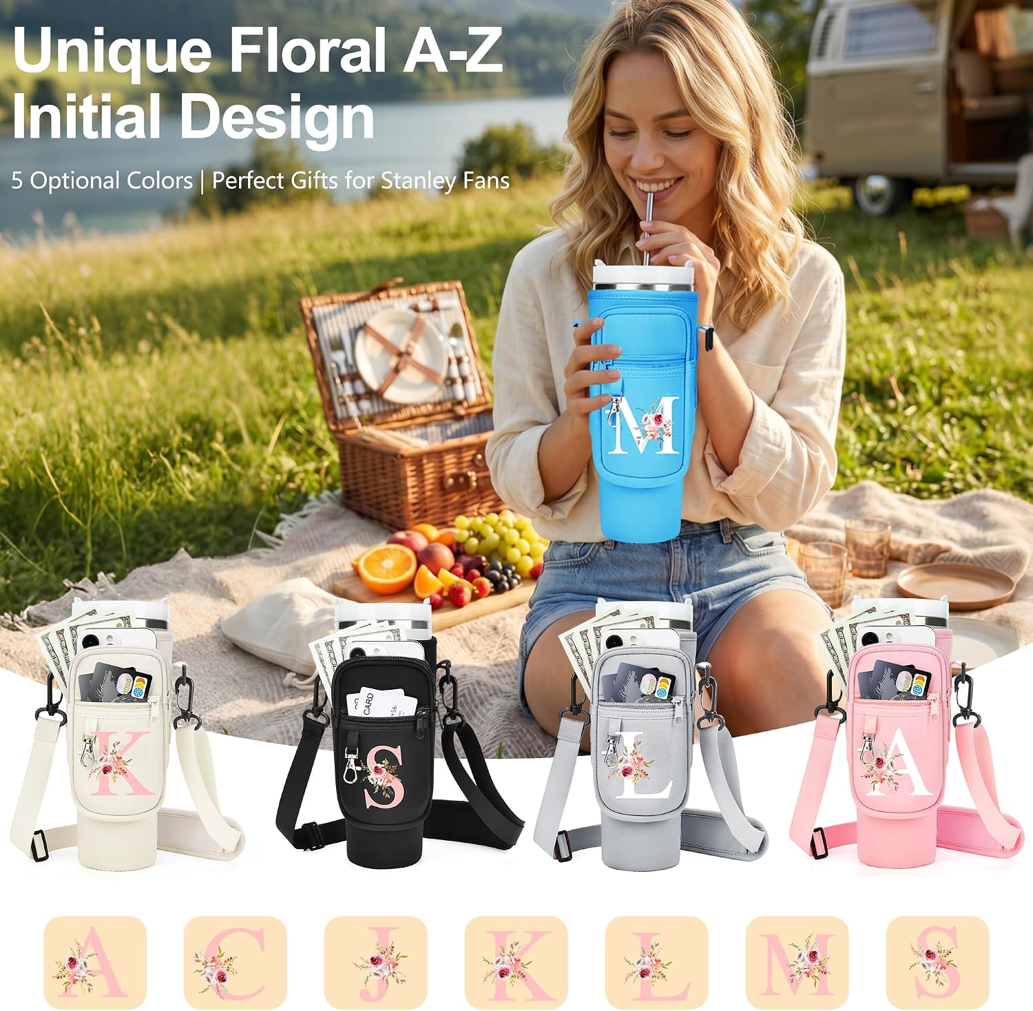 Initial Water Bottle Holder with Strap for Stanley Cup Accessories 40 oz/Simple Modern Tumbler, Birthdays for Women Girls, Water Bottle Carrier Bag with Phone Pocket,Hiking Walking Gym Camping