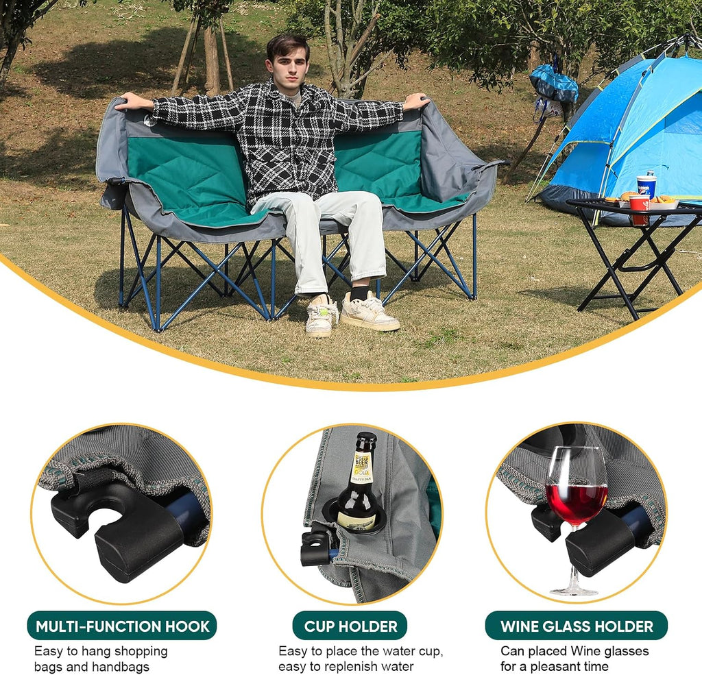 Northroad 3 Person Camping Chair Oversized 900 Lbs Outdoor Lawn Loveseat Chair Padded Folding Chairs for Adults Heavy Duty Soccer Chair w/Cup & Wine Glass Holder for Outside Picnic, Beach, Sports