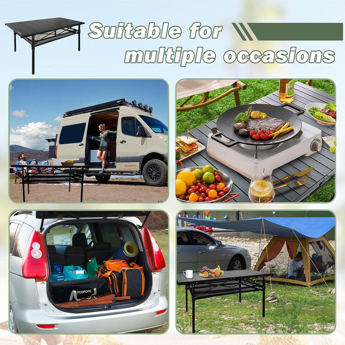 Large Folding Camping Table Aluminum with Storage for 4-6 People 55"X27.5" Roll Up Tall Outdoor Portable Table Lightweight with Carry Bag for Picnic BBQ Backyard Beach
