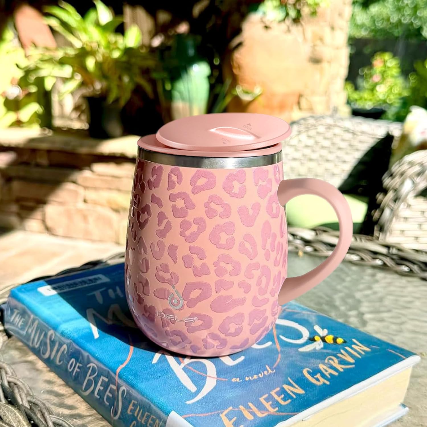 Ideus 16 oz Insulated Coffee Mug with Lid and Handle (Leopard Pink)