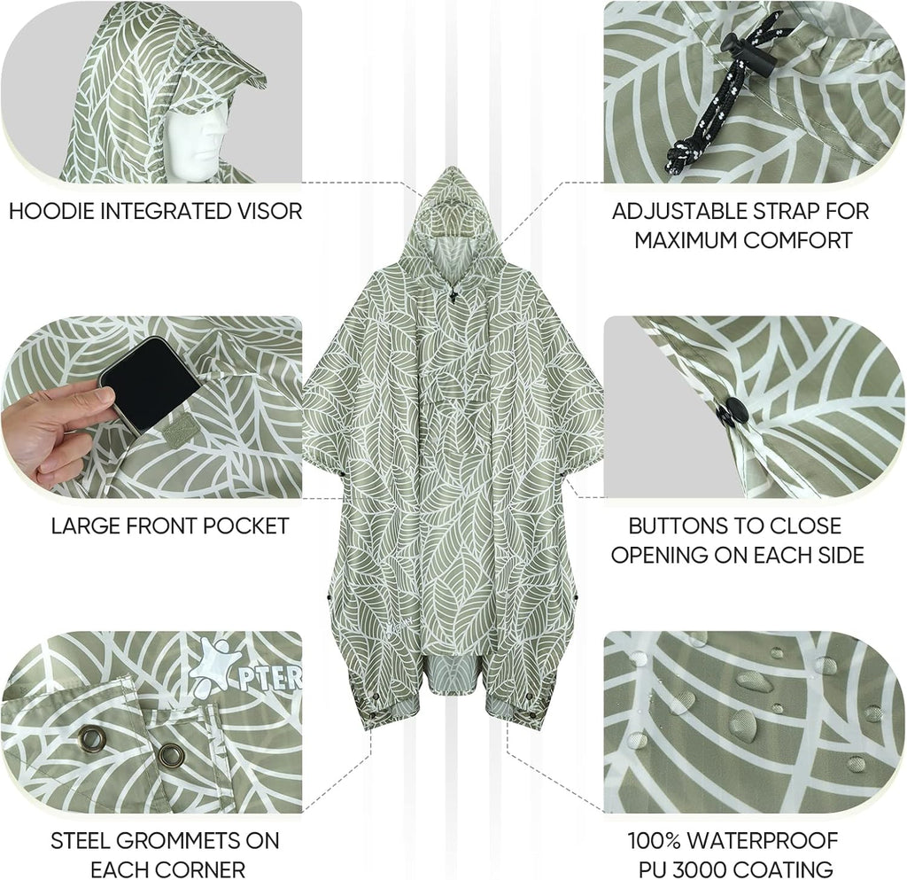 PTEROMY Hooded Rain Poncho for Adults, Reusable Waterproof Raincoat