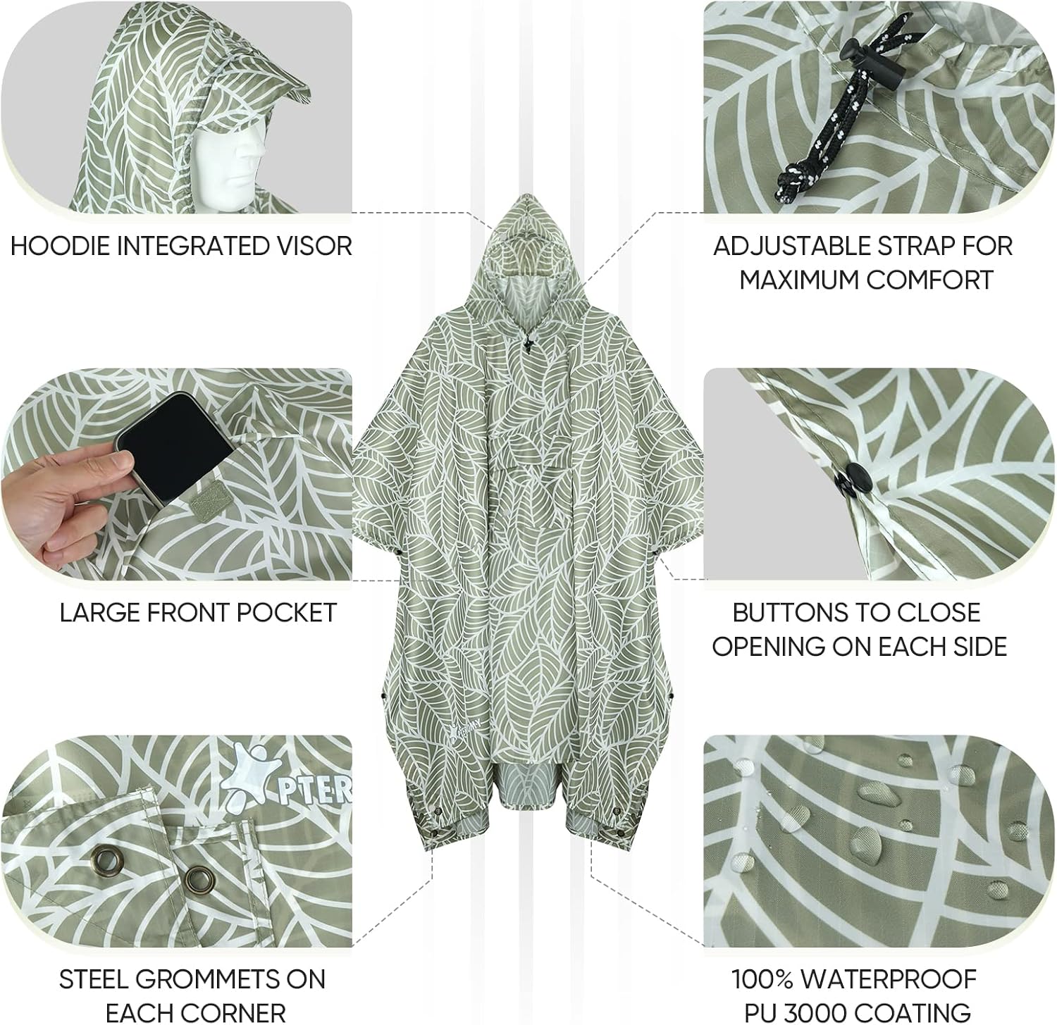 PTEROMY Hooded Rain Poncho for Adults, Reusable Waterproof Raincoat