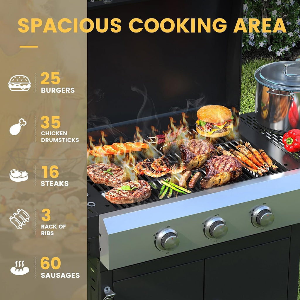 DIFY 3-Burner Propane Gas Griddle Grill, 28 in Flat Top Griddle Grill with Porcelain-Enameled Grates and Stainless Steel Frying Pan, 36000 BTU Output Barbecue Grills for Outdoor Barbecue