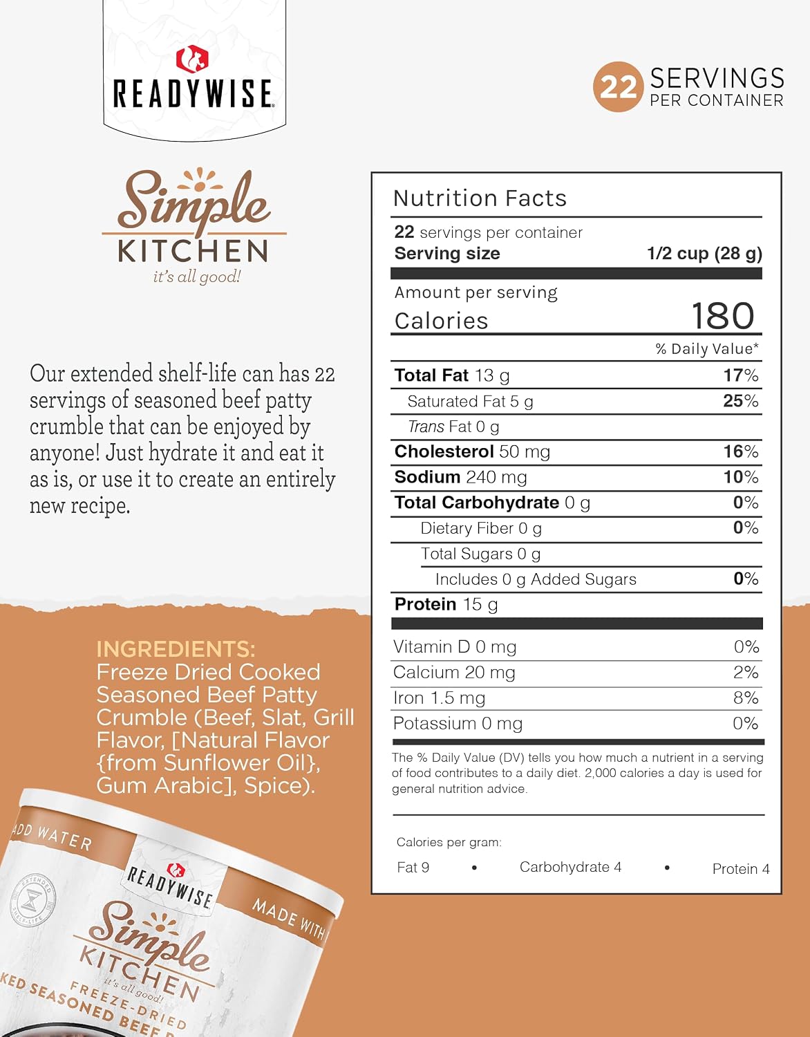 SIMPLE KITCHEN Freeze Dried Ground Beef #10 Can, 22 Servings, Camping Food