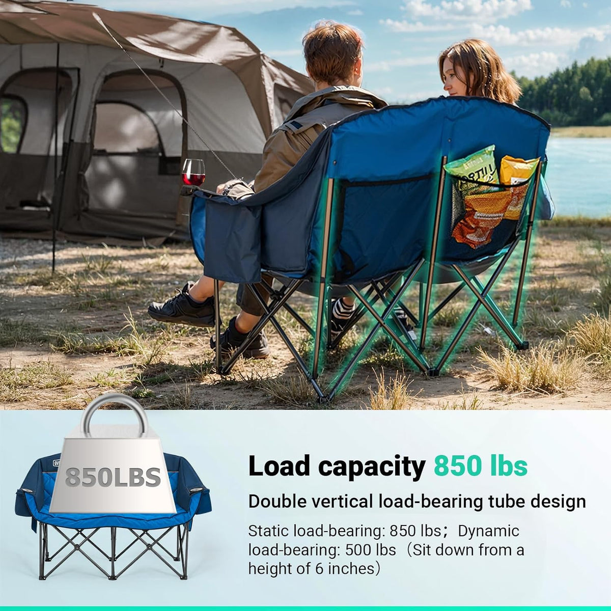 Overmont Oversized Double Camping Chair - Portable Folding with Cooler Bag