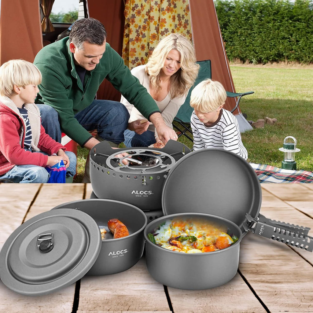 ALOCS 11pc Lightweight Camping Cookware Set with Gas and Alcohol Stove