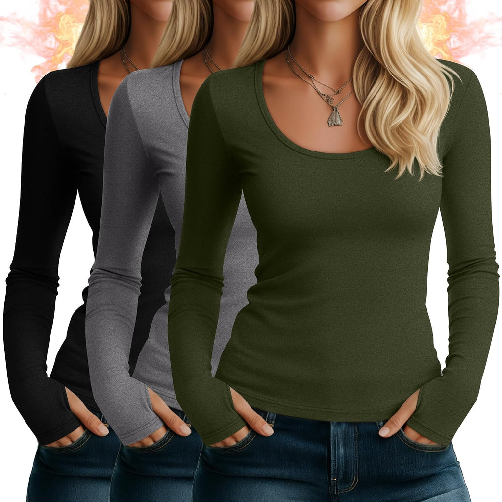 Riyiper 3 Pack Women's Thermal Long Sleeve Shirts Scoop Neck Top