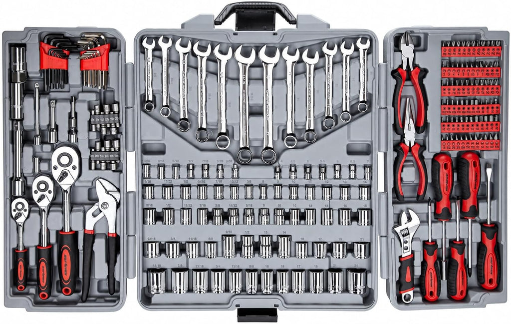 CARTMAN 205-Piece Ratchet Wrench Tool Set, SAE/Metric Socket Kit Carry Case