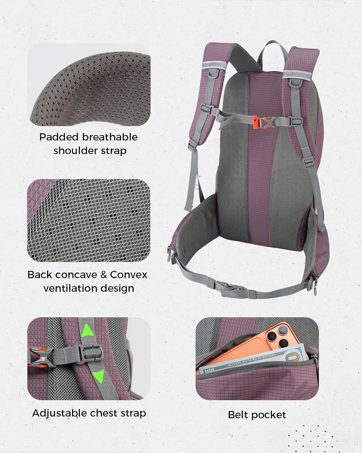 25L Hiking Backpack for Women Men, Lightweight Travel Day Pack, Purple