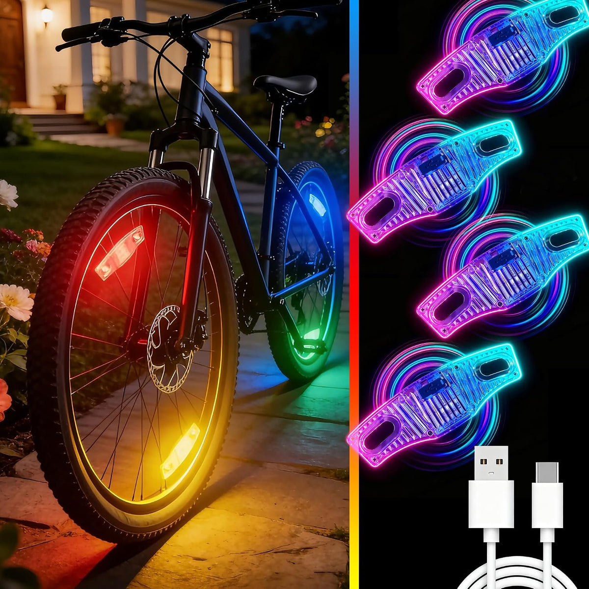 Bike Wheel Lights Rechargeable，Motion Sensor,Ultra Bright Waterproof Bicycle Spoke Lights Cycling Decoration Safety Warning for Kids Adults Night Riding, Suitable for 14-29 inch Bicycle Wheels