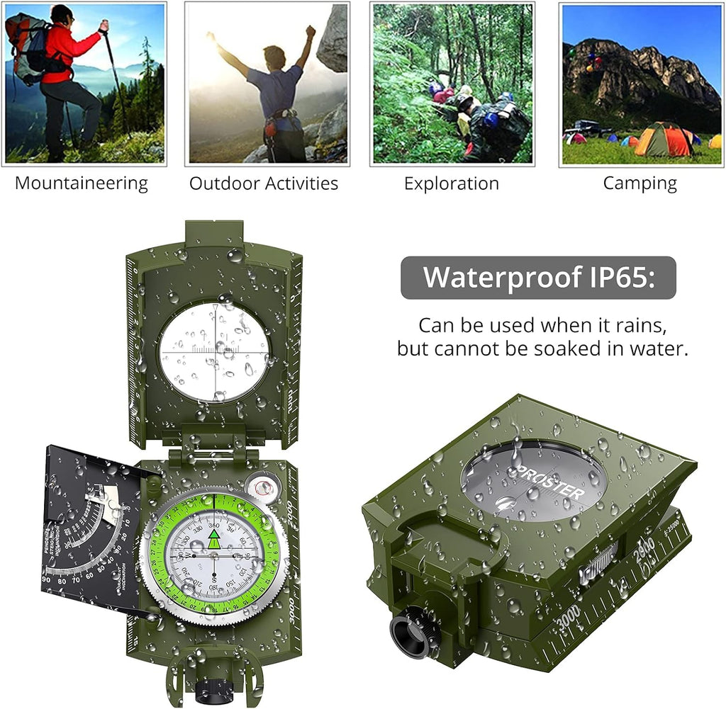 Proster Lensatic Sighting Compass IP65 Waterproof with Clinometer Bag