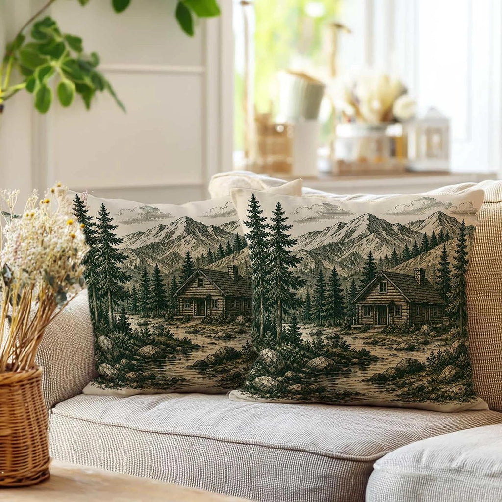 Mountain Cabin Throw Pillow Covers 18x18 Set of 2 | Rustic Lodge Decorative Cushion Covers | Pine Forest Pillow Cases for Couch Sofa Bed Living Room | Woodland Home Decor