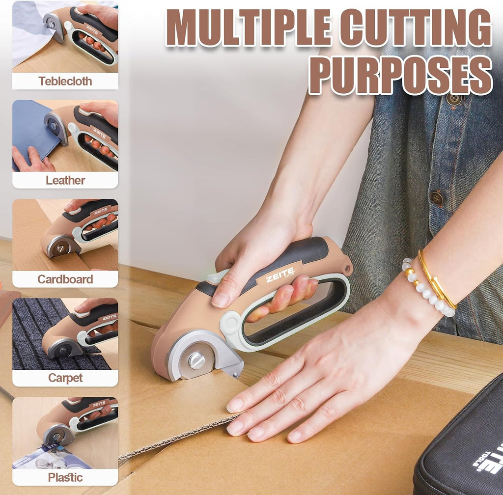 ZEITE 4V Cordless Electric Scissors Cardboard Cutter with 2 Blades,Storage Case,Rotary Cutter for Box Plastic Carpet Fabric, Easy to Hold and Safe,Mocha