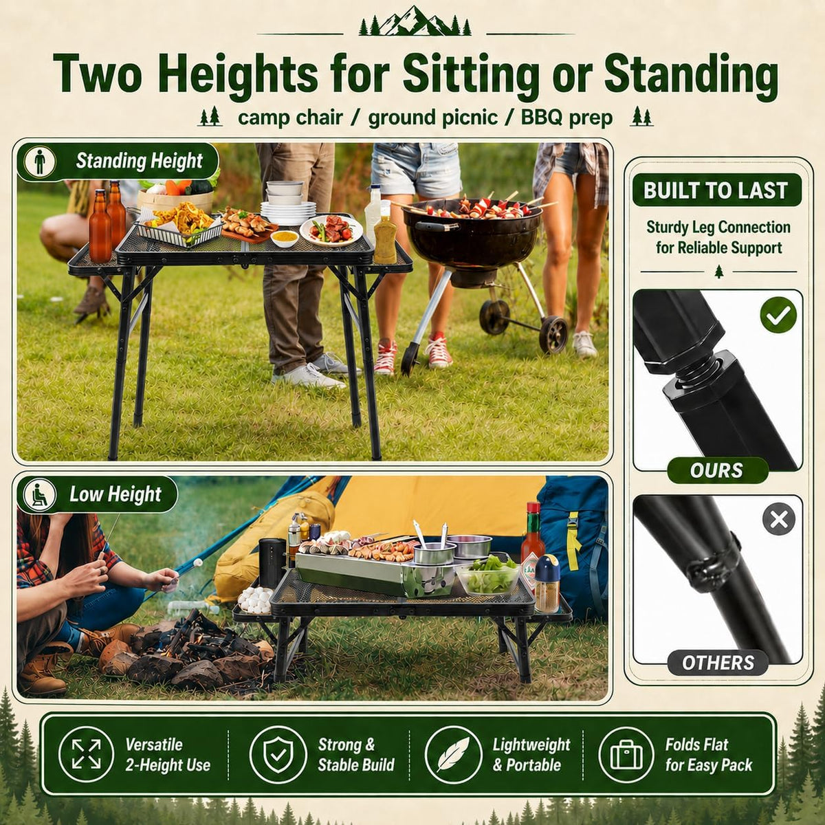 2.5 FT Picnic Table with 2 Wing Panels, Mesh Metal Folding Grill Table Height Adjustable & Lightweight & Portable Table for Outdoor Indoor Camping, Picnic, Beach and BBQ, RV