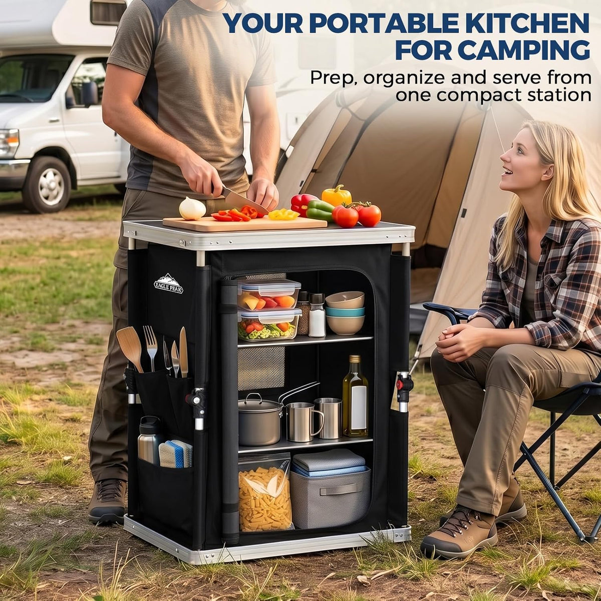 EAGLE PEAK Outdoor Folding Camping Table with Large 3-Tier Storage Organizer and Side Pockets, Easy Set Up Portable Aluminum Camping Kitchen, Black