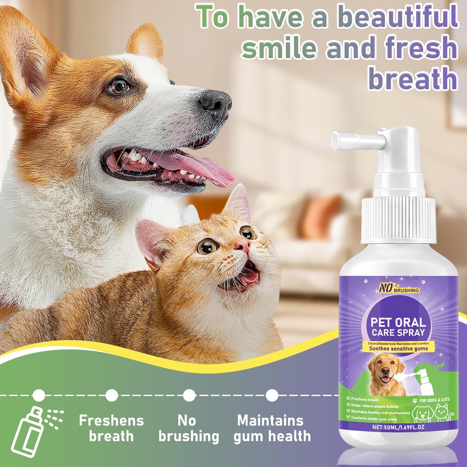 Wanban Dental Spray for Dogs - Oral Spray Bad Breath, Relieve Gum Redness & Infections, Reduce Plaque & Tartar, No Brushing Required