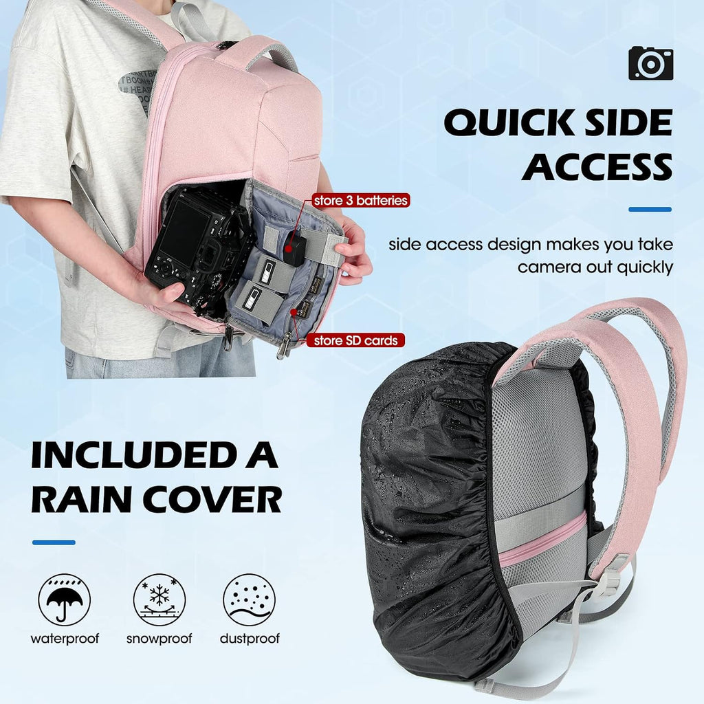 RAINSMORE Camera Backpack for DSLR SLR Mirrorless Cameras - Professional 14 Inch Laptop Compartment Waterproof Photography Bag with Tripod Holder & Rain Cover for Travel & Hiking, Pink