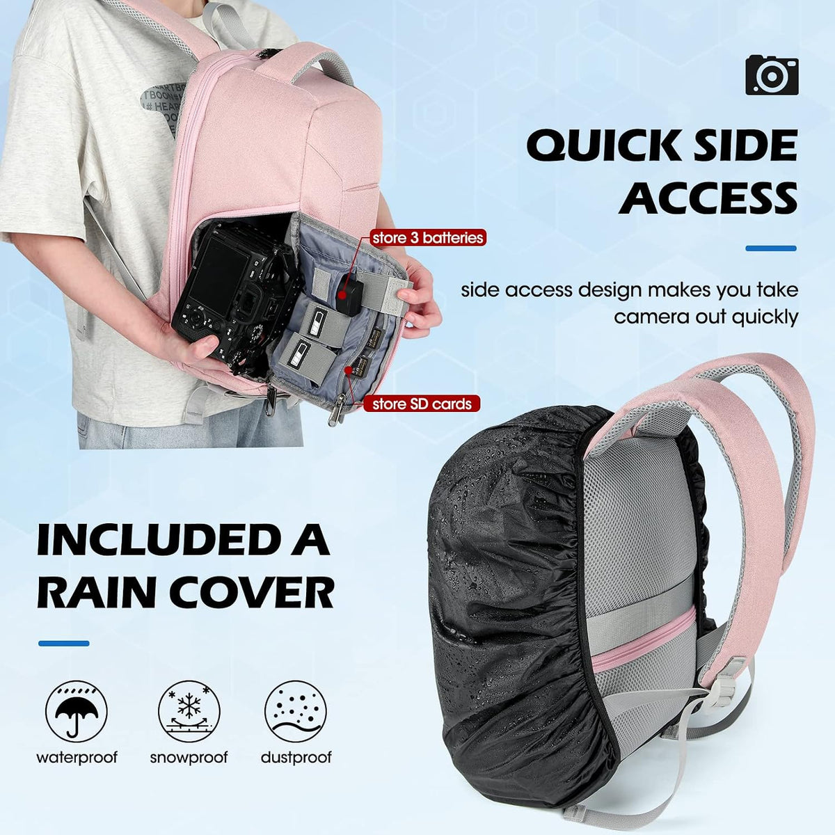 RAINSMORE Camera Backpack for DSLR SLR Mirrorless Cameras - Professional 14 Inch Laptop Compartment Waterproof Photography Bag with Tripod Holder & Rain Cover for Travel & Hiking, Pink