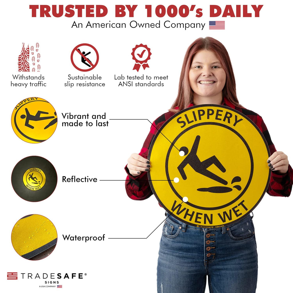 TRADESAFE Slippery When Wet Anti-Slip Floor Sticker - Slippery Floor Caution Sign, Peel and Stick Adhesive Vinyl Sign, ANSI-Compliant, 17” Diameter Round Sticker