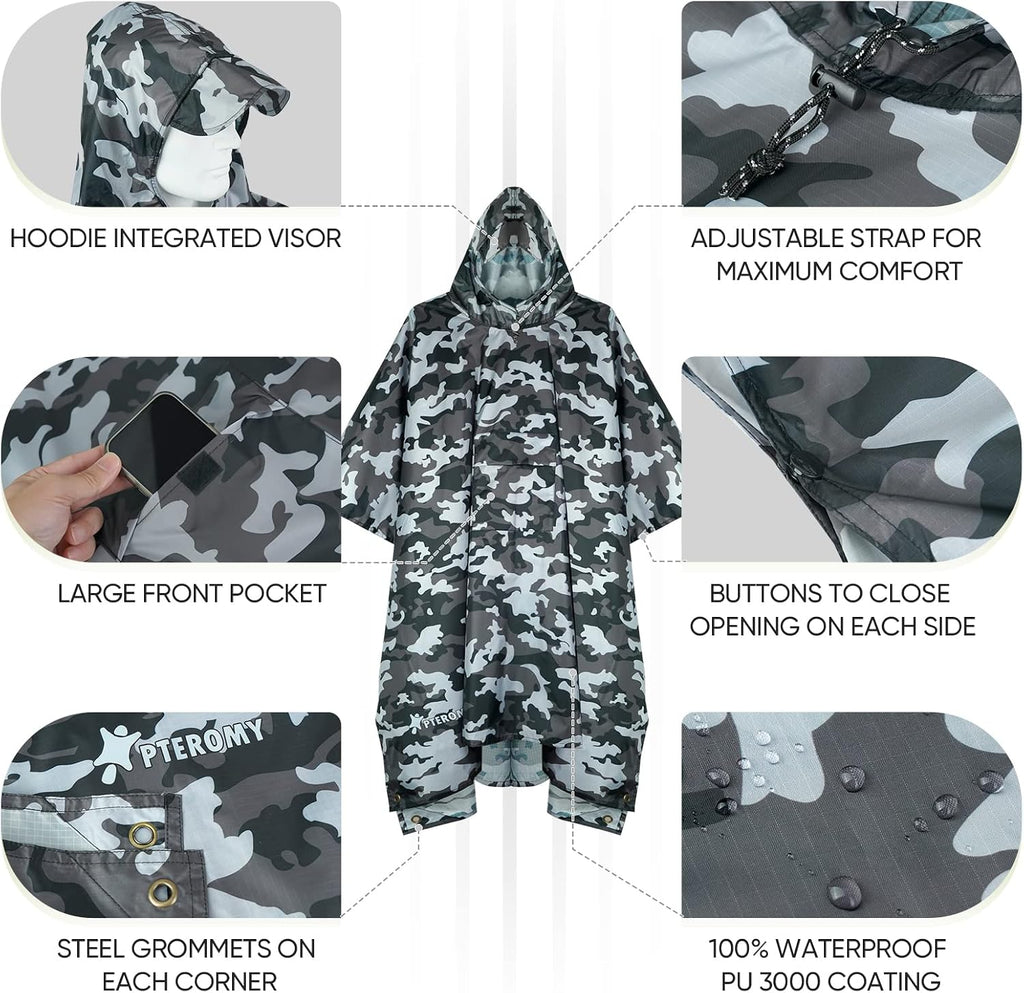 PTEROMY Hooded Rain Poncho for Adults, Reusable Waterproof Raincoat