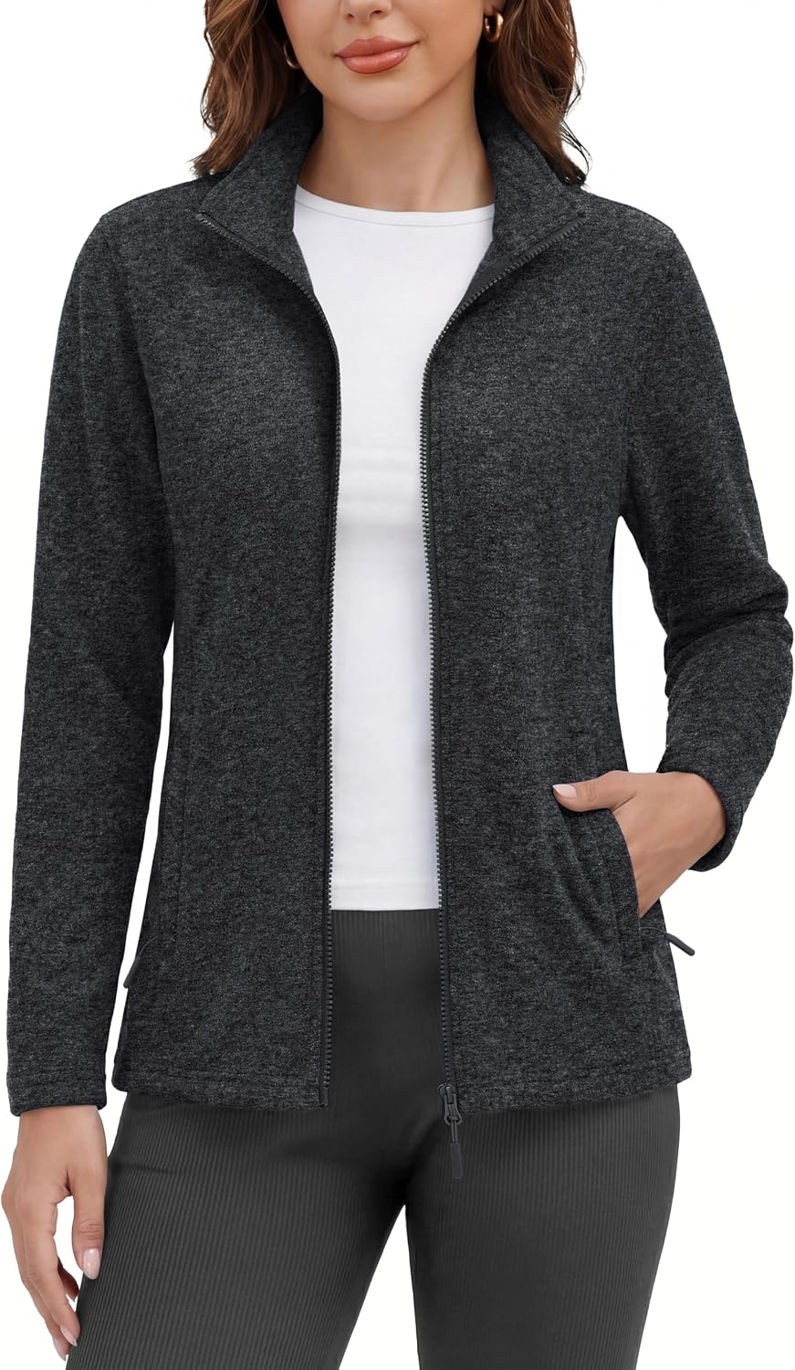 MAGCOMSEN Womens Fleece Zip Up Jacket with Pockets Lightweight Soft Coat