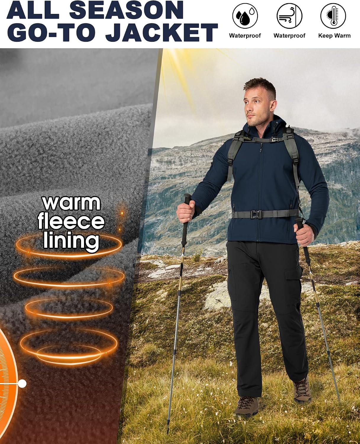 33,000ft Men's Hooded Fleece Lined Rain Shell Jacket Waterproof Lightweight