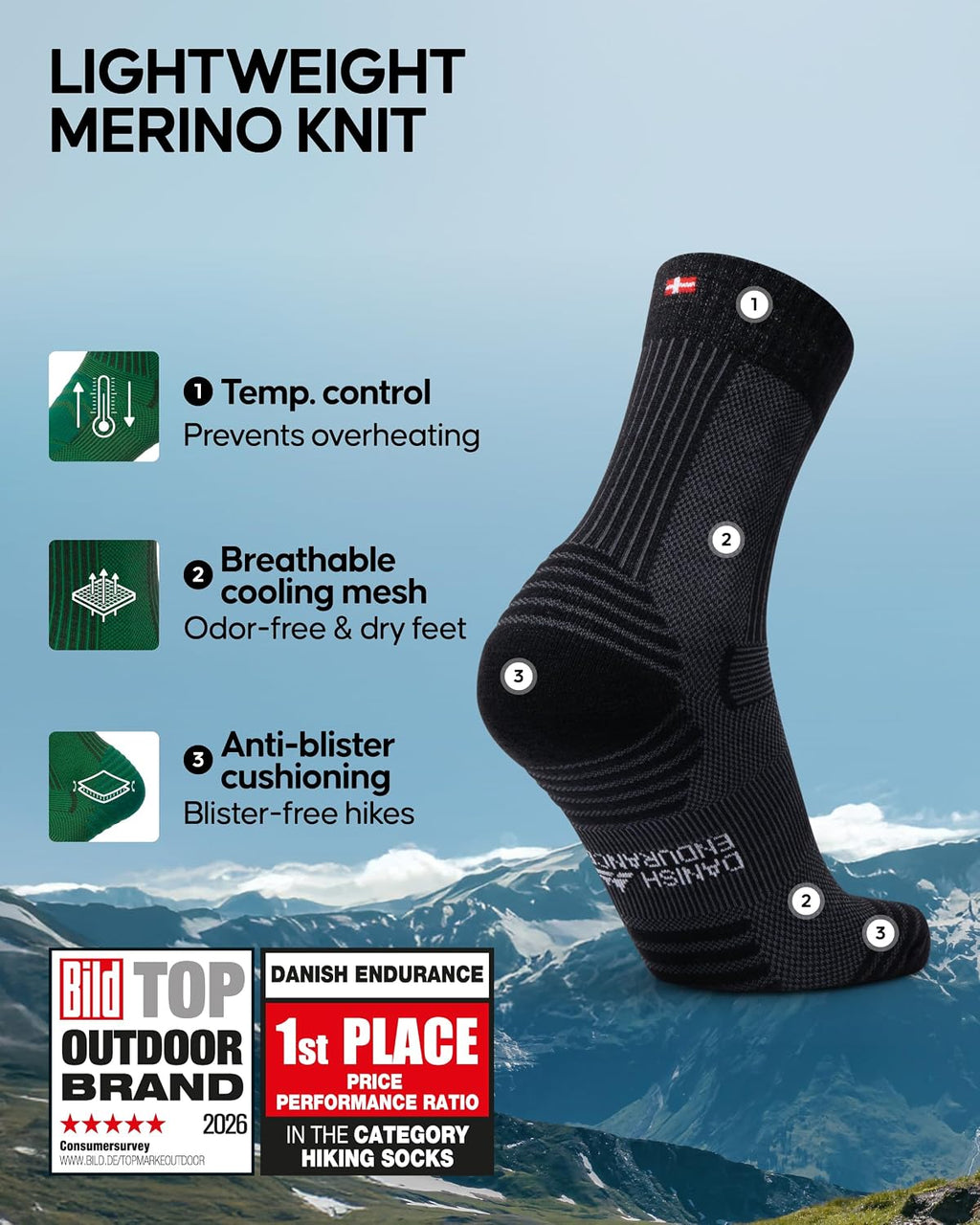DANISH ENDURANCE Merino Wool Hiking Socks, Lightweight, 3 & 5-Pack
