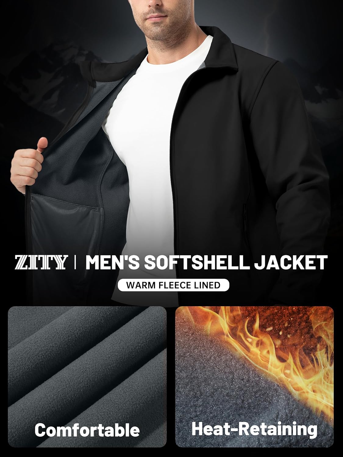 ZITY Men's Softshell Jacket Fleece Lined Lightweight Waterproof Rain Jacket Zip Up Soft Shell Windproof Windbreaker
