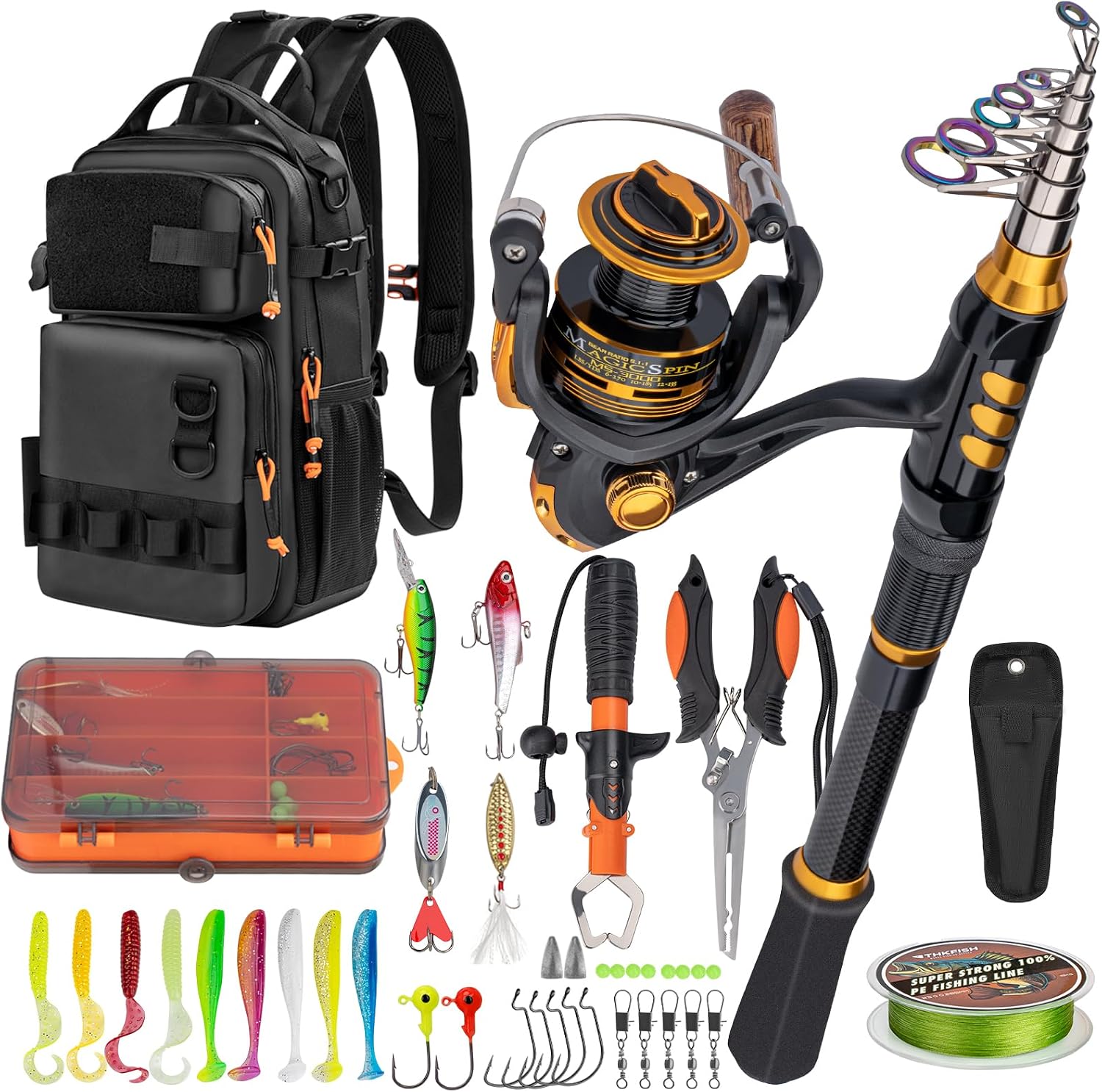 THKFISH Fishing Rod & Reel Combo with Backpack, Fishing Tools Tackle Box