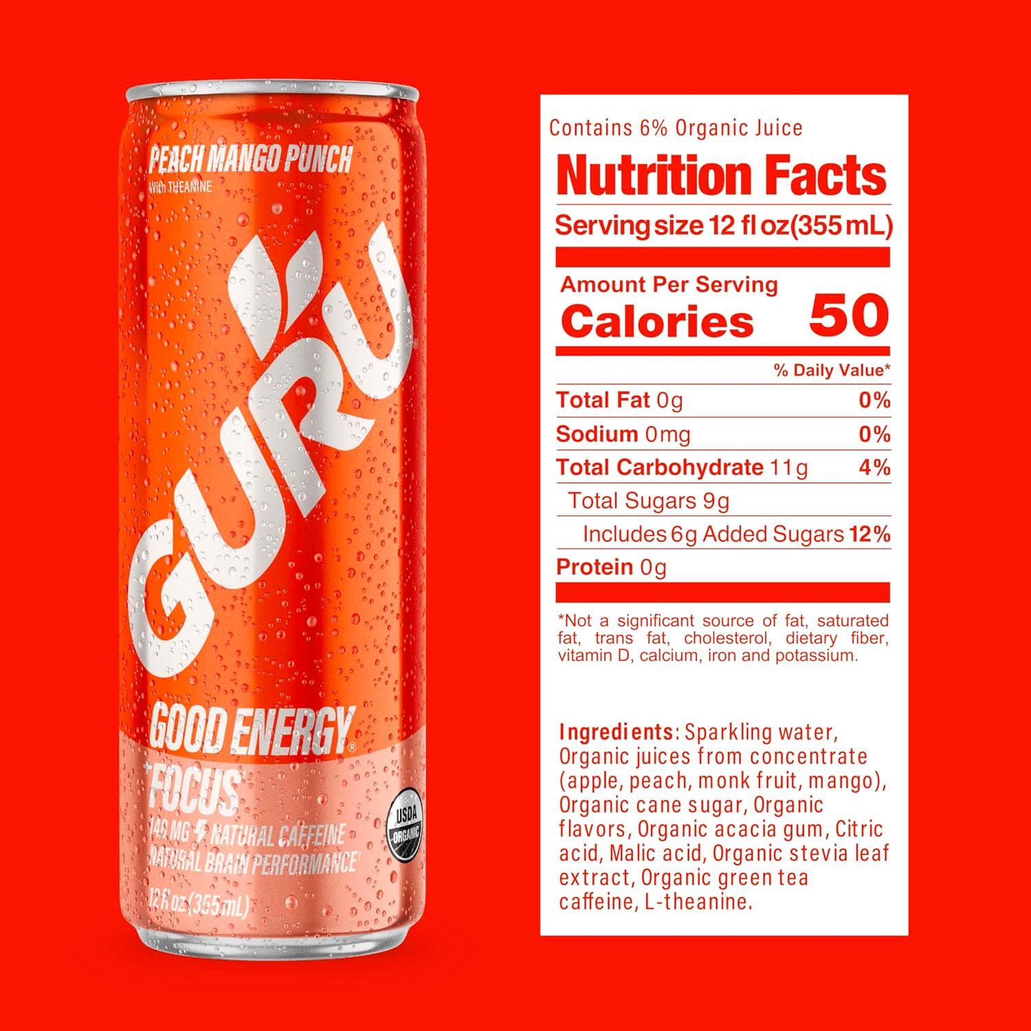 GURU Organic Energy Drink, Peach Mango Punch, 12 Fl Oz, 12 Pack