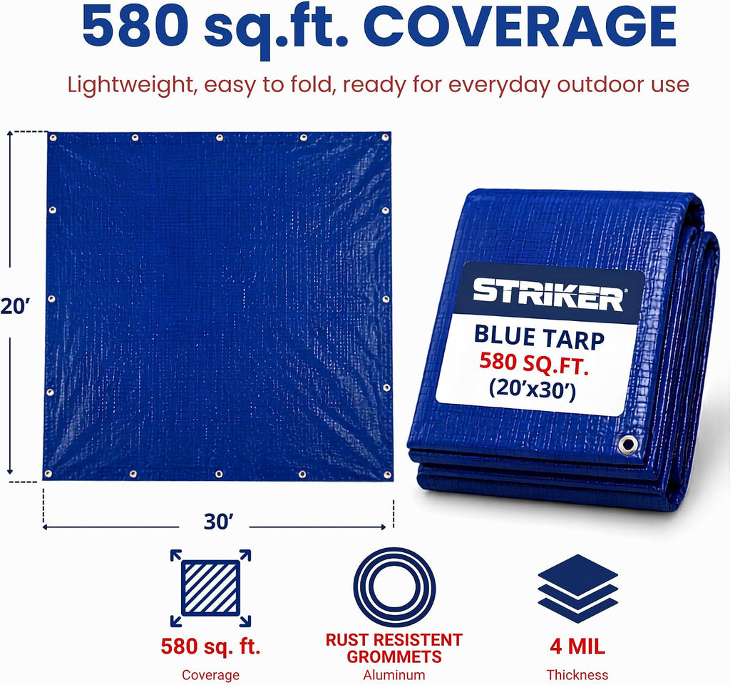 Striker Blue Tarp, Waterproof, UV Resistent, Covers 580 Sq. Ft 20' X 30'