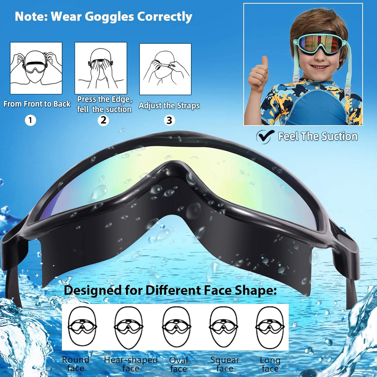 Seago Swim Goggles for Kids 3-14 Anti-Fog & UV Wide Clear View Boys Girls