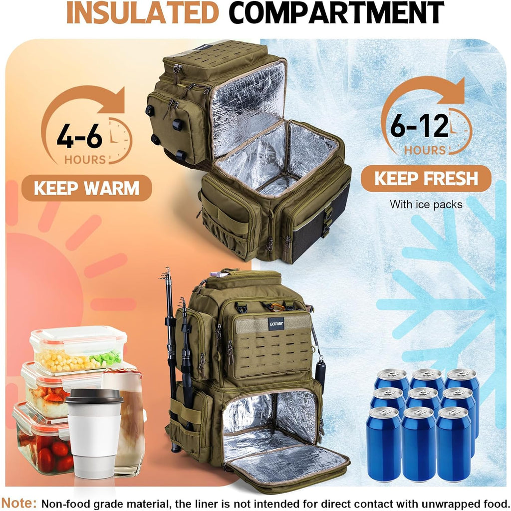 Goture Fishing Tackle Backpack with Cooler, 2 Rod Holders & Rain Cover