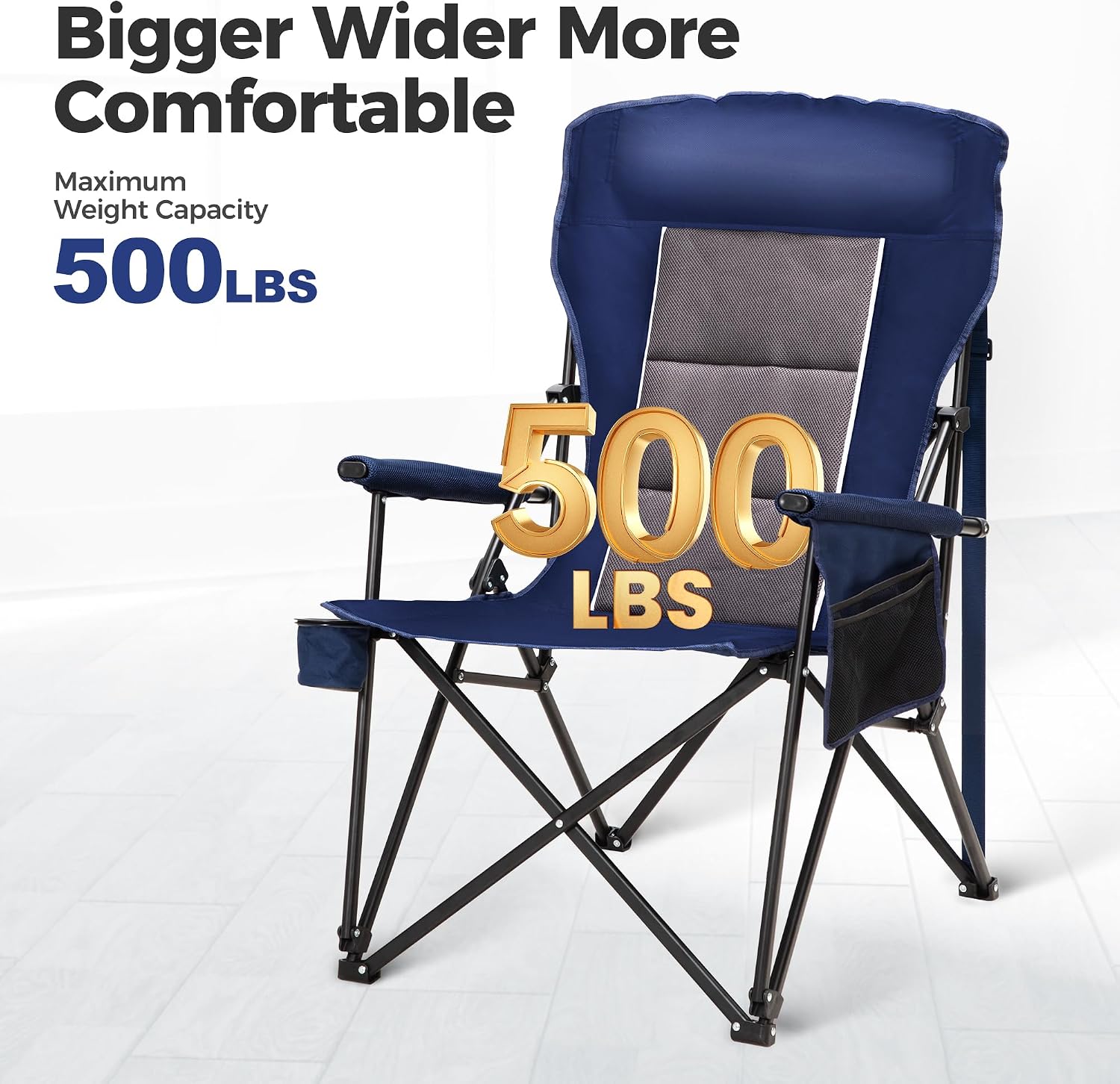 ALPHA CAMP Heavy Duty Camping Chairs with Cup Holder Oversized Folding Chair 500LBS Capacity Outdoor Chair with Headrest,Lawn with Side Pocket for Lawn, Sports and Fishing
